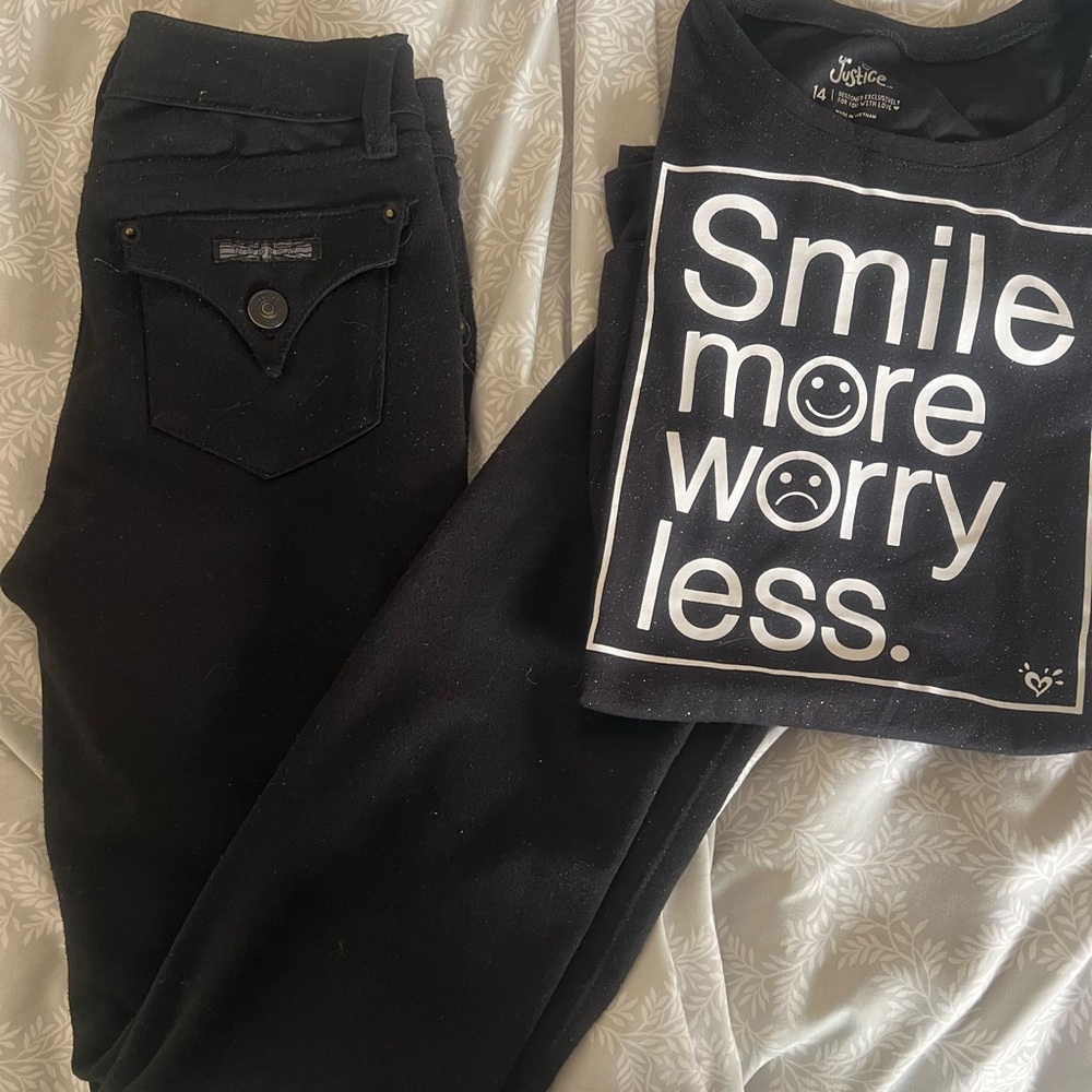 Justice Black Graphic Tee and Hudson skinny Pants Set